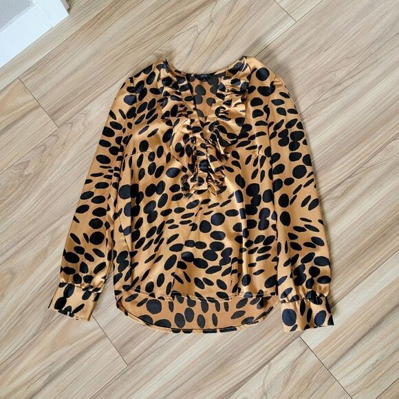 J. Crew Long Sleeve Ruffled Front V-Neck Silky Satin Blouse in Tiger Wavy Dot - Picture 4 of 10